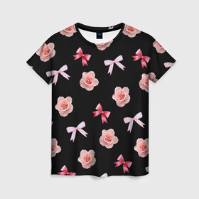Женская футболка 3D с принтом Бантики и розочки , 100% полиэфир ( синтетическое хлопкоподобное полотно) | прямой крой, круглый вырез горловины, длина до линии бедер | doodling | textures | tiles | атлас | бант | дудлинг | лента | роза | розовый | тайлы | текстуры | фон | цветок