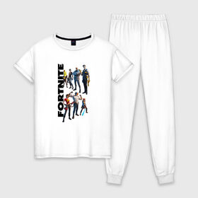 Женская пижама хлопок с принтом Fortnite , 100% хлопок | брюки и футболка прямого кроя, без карманов, на брюках мягкая резинка на поясе и по низу штанин | 