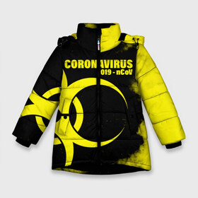 Зимняя куртка для девочек 3D с принтом Coronavirus 2019 - nCoV , ткань верха — 100% полиэстер; подклад — 100% полиэстер, утеплитель — 100% полиэстер. | длина ниже бедра, удлиненная спинка, воротник стойка и отстегивающийся капюшон. Есть боковые карманы с листочкой на кнопках, утяжки по низу изделия и внутренний карман на молнии. 

Предусмотрены светоотражающий принт на спинке, радужный светоотражающий элемент на пуллере молнии и на резинке для утяжки. | 2019   ncov | coronavirus | covid | covid 19 | ncov | virus | арт | биологическая опасность | болезнь | вирус | знак | карантин | корона | коронавирус | короновирус | мем | мой руки | оставайся дома | пандемия | помой руки