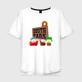 Мужская футболка хлопок Oversize с принтом South Park - персонажи с логотипом , 100% хлопок | свободный крой, круглый ворот, “спинка” длиннее передней части | park | south | south park | картман | кени | они убили кени | парк | сволочи | южный | южный парк