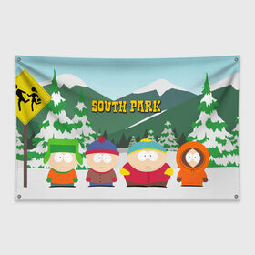 Флаг-баннер с принтом ЮЖНЫЙ ПАРК | SOUTH PARK (Z) , 100% полиэстер | размер 67 х 109 см, плотность ткани — 95 г/м2; по краям флага есть четыре люверса для крепления | kenny | south park | кенни | мультфильмы | южный парк
