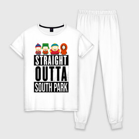 Женская пижама хлопок с принтом SOUTH PARK , 100% хлопок | брюки и футболка прямого кроя, без карманов, на брюках мягкая резинка на поясе и по низу штанин | Тематика изображения на принте: animation | cartman | colorado | eric | gangsta | hip hop | kenny | n.w.a | san | south park | usa | жесть | кайл | картман | кенни | мультфильмы | шикарно | эрик | южный парк