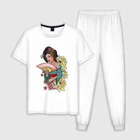 Мужская пижама хлопок с принтом ГЕЙША , 100% хлопок | брюки и футболка прямого кроя, без карманов, на брюках мягкая резинка на поясе и по низу штанин
 | Тематика изображения на принте: anime | chery | flowers | geisha | girl | japan | sakura | аниме | вишня | девушка | растения | сакура | цветы | цветы сакуры | япония