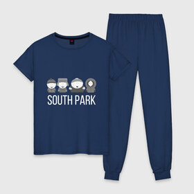 Женская пижама хлопок с принтом South Park , 100% хлопок | брюки и футболка прямого кроя, без карманов, на брюках мягкая резинка на поясе и по низу штанин | cartman | kartman | kenny | park | south | брофловски | кайл | картинка | картман | кенни | маккормик | марш | парк | саус | сауспарк | стэн | стэнли | эрик | южный