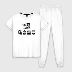 Женская пижама хлопок с принтом South park , 100% хлопок | брюки и футболка прямого кроя, без карманов, на брюках мягкая резинка на поясе и по низу штанин | кайл брофловски | кенни маккормик | стэн марш | эрик картман