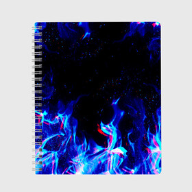 Тетрадь с принтом СИНИЙ ОГОНЬ ГЛИТЧ , 100% бумага | 48 листов, плотность листов — 60 г/м2, плотность картонной обложки — 250 г/м2. Листы скреплены сбоку удобной пружинной спиралью. Уголки страниц и обложки скругленные. Цвет линий — светло-серый
 | Тематика изображения на принте: abstraction | fire | flame | geometry | hexagon | neon | paints | stripes | texture | triangle | абстракция | брызги | геометрия | краски | неон | неоновый | огонь | соты | текстура