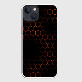 Чехол для iPhone 13 с принтом ОГНЕННЫЕ СОТЫ | FIRE COMBS ,  |  | abstraction | geometry | hexagon | neon | paints | stripes | texture | triangle | абстракция | брызги | геометрия | краски | неон | неоновый | соты | текстура