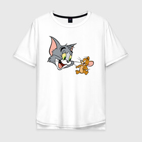 Мужская футболка хлопок Oversize с принтом Tom&Jerry , 100% хлопок | свободный крой, круглый ворот, “спинка” длиннее передней части | spike | tom  jerry | tom and jerry | tomjerry | tuffy | vdgerir | мамочка два тапочка | том и джери | том и джерри