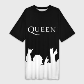 Платье-футболка 3D с принтом QUEEN ,  |  | Тематика изображения на принте: queen | rock | we will rock you | брайан мэи | группа queen | группа квин | джон дикон | квин | королева | король | роджер тейлор | рок | фредди меркьюри