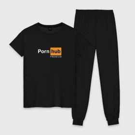 Женская пижама хлопок с принтом PornHub premium , 100% хлопок | брюки и футболка прямого кроя, без карманов, на брюках мягкая резинка на поясе и по низу штанин | Тематика изображения на принте: premium | бесплатный прем | прем | премиальная | премиум | премиумная