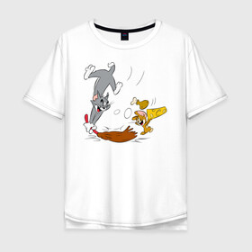 Мужская футболка хлопок Oversize с принтом Tom&Jerry , 100% хлопок | свободный крой, круглый ворот, “спинка” длиннее передней части | spike | tom  jerry | tom and jerry | tomjerry | tuffy | vdgerir | мамочка два тапочка | том и джери | том и джерри