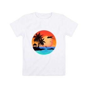 Детская футболка хлопок с принтом Закат на море , 100% хлопок | круглый вырез горловины, полуприлегающий силуэт, длина до линии бедер | закат | лодка | море | океан | отдых | отпуск | пальма | птицы | самолет | солнце | яркая