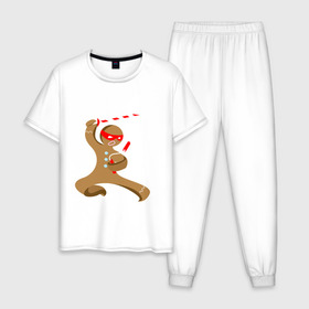 Мужская пижама хлопок с принтом Пряничный ниндзя , 100% хлопок | брюки и футболка прямого кроя, без карманов, на брюках мягкая резинка на поясе и по низу штанин
 | Тематика изображения на принте: айкидо | кунг фу | ниндзя | пряничный человечек