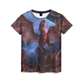 Женская футболка 3D с принтом SPACE FIRE DRAGO , 100% полиэфир ( синтетическое хлопкоподобное полотно) | прямой крой, круглый вырез горловины, длина до линии бедер | dragon | fire | monster | space | драго | дракон | космический | космос | монстр | огнедыщащий | огонь | прикольная картинка | чудовище | ящерица