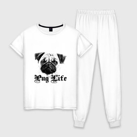 Женская пижама хлопок с принтом Pug life , 100% хлопок | брюки и футболка прямого кроя, без карманов, на брюках мягкая резинка на поясе и по низу штанин | pug life | арт | животные | мопс | собака | собачья жизнь