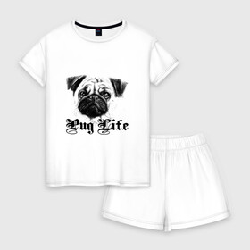Женская пижама с шортиками хлопок с принтом Pug life , 100% хлопок | футболка прямого кроя, шорты свободные с широкой мягкой резинкой | Тематика изображения на принте: pug life | арт | животные | мопс | собака | собачья жизнь