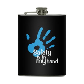 Фляга с принтом Safety in my hand! , металлический корпус | емкость 0,22 л, размер 125 х 94 мм. Виниловая наклейка запечатывается полностью | Тематика изображения на принте: covid 19 | cronavirus | quarantine | safety always | safety first | безопасность | в руках | коронавирус