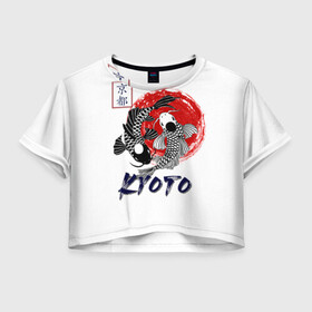 Женская футболка Crop-top 3D с принтом Карпы Кои Киото , 100% полиэстер | круглая горловина, длина футболки до линии талии, рукава с отворотами | Тематика изображения на принте: киото япония японский стиль карпы кои