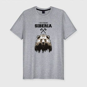 Мужская футболка премиум с принтом Сибирь , 92% хлопок, 8% лайкра | приталенный силуэт, круглый вырез ворота, длина до линии бедра, короткий рукав | Тематика изображения на принте: siberia | лес | медведь | русский мишка | сибирь | сибиряк | тайга | топоры