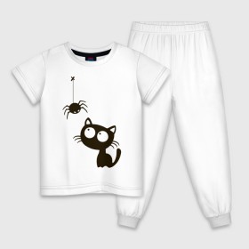 Детская пижама хлопок с принтом Котик и паучек , 100% хлопок |  брюки и футболка прямого кроя, без карманов, на брюках мягкая резинка на поясе и по низу штанин
 | высказывание | идея | котик | манера | мемы | паук | разные | рисунок | символ