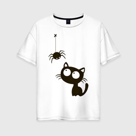 Женская футболка хлопок Oversize с принтом Котик и паучек , 100% хлопок | свободный крой, круглый ворот, спущенный рукав, длина до линии бедер
 | высказывание | идея | котик | манера | мемы | паук | разные | рисунок | символ