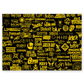 Поздравительная открытка с принтом Логотипы рок групп GOLD , 100% бумага | плотность бумаги 280 г/м2, матовая, на обратной стороне линовка и место для марки
 | ac dc | deep purple | him | hollywood undead | iron maiden | kiss | limp bizkit | linkin park | louna | manowar | metallica | rammstein | slipknot | thirty seconds to mars | алиса | групп | логотипы | луна | рок