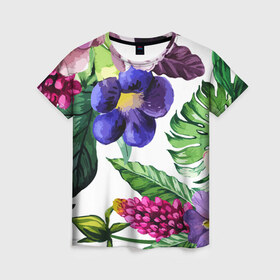 Женская футболка 3D с принтом Цветы , 100% полиэфир ( синтетическое хлопкоподобное полотно) | прямой крой, круглый вырез горловины, длина до линии бедер | big picture | лето | листья | прикольные картинки | тропические | цветы