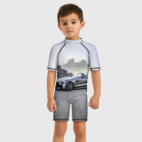 Детский купальный костюм 3D с принтом Mercedes V8 Biturbo , Полиэстер 85%, Спандекс 15% | застежка на молнии на спине | Тематика изображения на принте: cabriolet | car | germany | mercedes | mountains | nature | v 8 biturbo | автомобиль | германия | горы | кабриолет | мерседес | природа