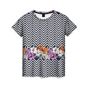 Женская футболка 3D с принтом тропически цветы с орнаментом , 100% полиэфир ( синтетическое хлопкоподобное полотно) | прямой крой, круглый вырез горловины, длина до линии бедер | casual | summer | летние | лето | пляжное | тренд | тропики