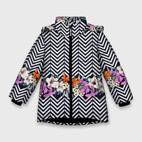 Зимняя куртка для девочек 3D с принтом тропически цветы с орнаментом , ткань верха — 100% полиэстер; подклад — 100% полиэстер, утеплитель — 100% полиэстер. | длина ниже бедра, удлиненная спинка, воротник стойка и отстегивающийся капюшон. Есть боковые карманы с листочкой на кнопках, утяжки по низу изделия и внутренний карман на молнии. 

Предусмотрены светоотражающий принт на спинке, радужный светоотражающий элемент на пуллере молнии и на резинке для утяжки. | casual | summer | летние | лето | пляжное | тренд | тропики