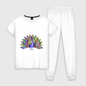 Женская пижама хлопок с принтом Павлин , 100% хлопок | брюки и футболка прямого кроя, без карманов, на брюках мягкая резинка на поясе и по низу штанин | peacock | животные | павлин | птица