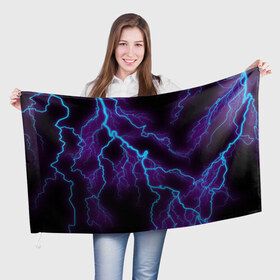 Флаг 3D с принтом МОЛНИЯ , 100% полиэстер | плотность ткани — 95 г/м2, размер — 67 х 109 см. Принт наносится с одной стороны | гроза | гром | молния | небо | неон | неоновый | ночь | природа | разряд | текстура | ток | электричество | яркий