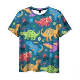Мужская футболка 3D с принтом Арт с динозаврами , 100% полиэфир | прямой крой, круглый вырез горловины, длина до линии бедер | dinosaurs | динозавр | динозавры | животные | игрушки | мульт динозавры | мультяшки динозавры | тираннозавр