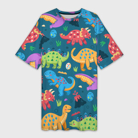Платье-футболка 3D с принтом Арт с динозаврами ,  |  | dinosaurs | динозавр | динозавры | животные | игрушки | мульт динозавры | мультяшки динозавры | тираннозавр