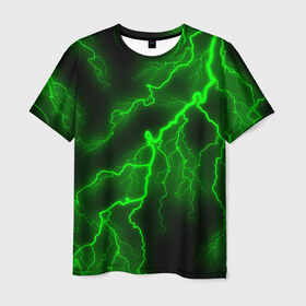 Мужская футболка 3D с принтом МОЛНИЯ GREEN NEON , 100% полиэфир | прямой крой, круглый вырез горловины, длина до линии бедер | Тематика изображения на принте: гроза | гром | молния | небо | неон | неоновый | ночь | природа | разряд | текстура | ток | электричество | яркий