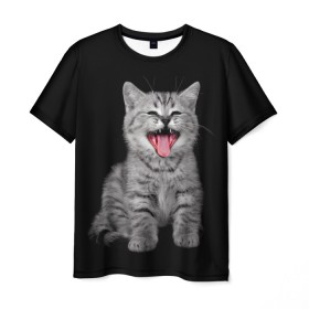 Мужская футболка 3D с принтом Кричащий кот. , 100% полиэфир | прямой крой, круглый вырез горловины, длина до линии бедер | животные | звери | зевающий кот | кися | кот | котенок | котики | коты | кричащий кот | минимализм | питомцы | прикольные картинки