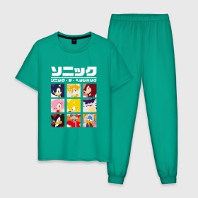 Мужская пижама хлопок с принтом Японский Sonic , 100% хлопок | брюки и футболка прямого кроя, без карманов, на брюках мягкая резинка на поясе и по низу штанин
 | 16бит | 8бит | dendy | hedgehog | japan | movie | sega | sonic | the | в японском стиле | винтаж | денди | ёжик | игра | иероглифы | йероглифы | кино | сега | соник | фильм | японский