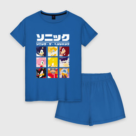 Женская пижама с шортиками хлопок с принтом Японский Sonic , 100% хлопок | футболка прямого кроя, шорты свободные с широкой мягкой резинкой | 16бит | 8бит | dendy | hedgehog | japan | movie | sega | sonic | the | в японском стиле | винтаж | денди | ёжик | игра | иероглифы | йероглифы | кино | сега | соник | фильм | японский