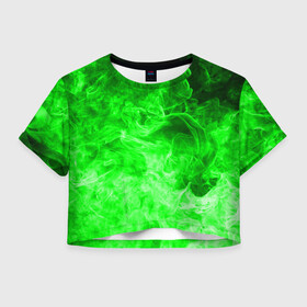 Женская футболка Crop-top 3D с принтом ОГОНЬ GREEN NEON , 100% полиэстер | круглая горловина, длина футболки до линии талии, рукава с отворотами | Тематика изображения на принте: битва огней | зеленый | неон | неоновый | огонь | пламя | пожар | салатовый | стихия | текстура | цветной | яркий