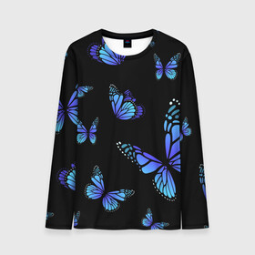 Мужской лонгслив 3D с принтом НЕОНОВЫЕ БАБОЧКИ | BUTTERFLY NEON , 100% полиэстер | длинные рукава, круглый вырез горловины, полуприлегающий силуэт | Тематика изображения на принте: animals | blue | butterflies | game | insects | life is strange | moth | wings | бабочки | животные | игра | крылья | мотылек | насекомые