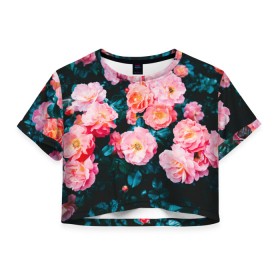Женская футболка Crop-top 3D с принтом Dark flowers , 100% полиэстер | круглая горловина, длина футболки до линии талии, рукава с отворотами | Тематика изображения на принте: dark | flowers | leaves | roses | весна | лепестки | розы | сад | цветы