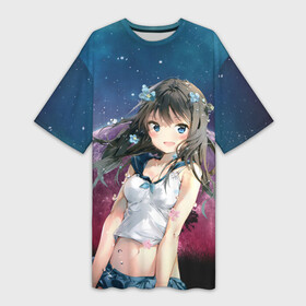Платье-футболка 3D с принтом Аниме девочка на фоне Луны ,  |  | аниме девушка | дерево | звезды | земля | космос | милашка | ночь | планета | поле | тян | фантастика