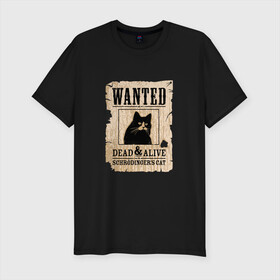 Мужская футболка хлопок Slim с принтом Кот , 92% хлопок, 8% лайкра | приталенный силуэт, круглый вырез ворота, длина до линии бедра, короткий рукав | cat | wanted | живым или мертвым | кот | кот шредингера | котэ | опасен | разыскивается | чёрный кот
