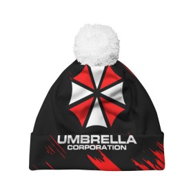 Шапка 3D c помпоном с принтом Umbrella Corporation. , 100% полиэстер | универсальный размер, печать по всей поверхности изделия | Тематика изображения на принте: resident evil | umbrella corporation | амбрелла | амбрелла корпорейшн | вирус | вымышленная военная и фармацевтическая корпорация | игра | умбрелла