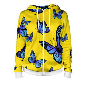 Женская толстовка 3D на молнии с принтом БАБОЧКИ , 100% полиэстер | длина до линии бедра, манжеты и пояс оформлены мягкой тканевой резинкой, двухслойный капюшон со шнурком для регулировки, спереди молния, по бокам два кармана | animals | blue | butterflies | game | insects | life is strange | moth | wings | бабочки | животные | игра | крылья | мотылек | насекомые