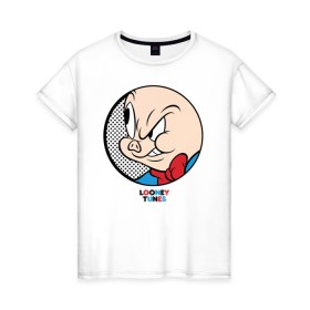 Женская футболка хлопок с принтом Porky Pig , 100% хлопок | прямой крой, круглый вырез горловины, длина до линии бедер, слегка спущенное плечо | looney tunes | porky pig | vdzabma | луни тюнз | порки пиг | поросенок порки