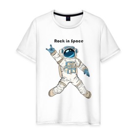 Мужская футболка хлопок с принтом Rock in Space , 100% хлопок | прямой крой, круглый вырез горловины, длина до линии бедер, слегка спущенное плечо. | cosmonaut | rock | rock n roll | space | космонавт | космос | рок