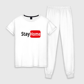 Женская пижама хлопок с принтом Stay Home , 100% хлопок | брюки и футболка прямого кроя, без карманов, на брюках мягкая резинка на поясе и по низу штанин | covid | home | stay home | youtube | безопасность | вирус | дистанция | дом | дома | карантин | коронавирус | лого | логотип | оставайся | самоизоляция | сиди дома