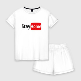 Женская пижама с шортиками хлопок с принтом Stay Home , 100% хлопок | футболка прямого кроя, шорты свободные с широкой мягкой резинкой | covid | home | stay home | youtube | безопасность | вирус | дистанция | дом | дома | карантин | коронавирус | лого | логотип | оставайся | самоизоляция | сиди дома