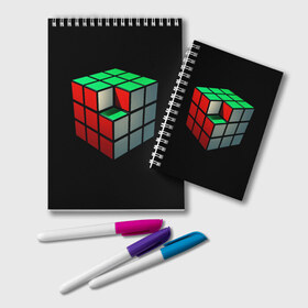 Блокнот с принтом Кубик Рубика , 100% бумага | 48 листов, плотность листов — 60 г/м2, плотность картонной обложки — 250 г/м2. Листы скреплены удобной пружинной спиралью. Цвет линий — светло-серый
 | Тематика изображения на принте: 3d | головоломка | игры | кубик | мозг | недостающий | рубика | элемент